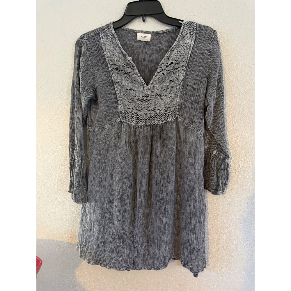 Exist Womens Gray Acid Wash Crochet Lace V-Neck Long Sleeve Boho Tunic Top Small